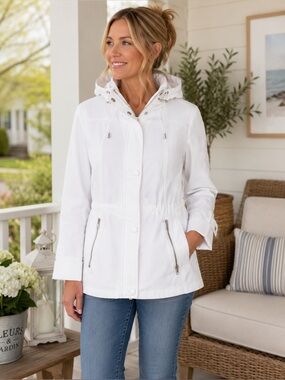 Guess White Hooded Utility Jacket Cinch Waist Zip Pockets Small